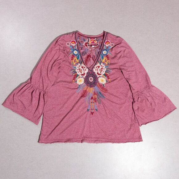 Johnny Was Tops - Johnny Was Darielle Flute Sleeve Embroidered V Neck Top Large Boho Floral